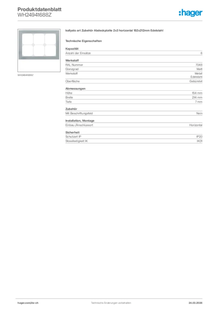Bild Hager Produktdatenblatt WH24941688Z | Hager Schweiz