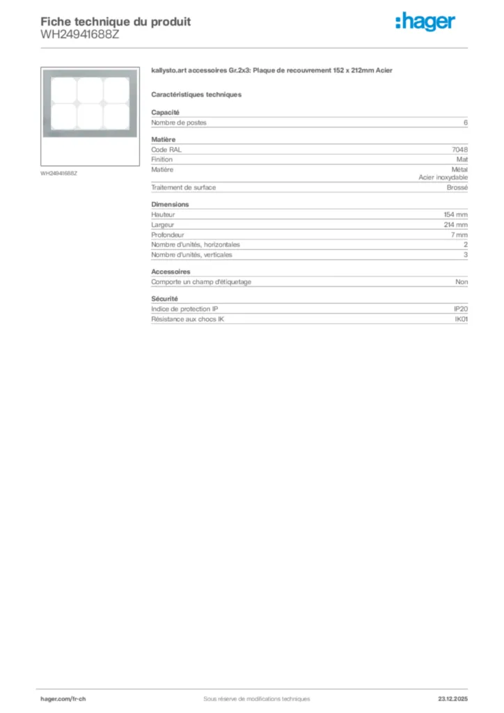 Image Hager Fiche technique du produit WH24941688Z | Hager Suisse