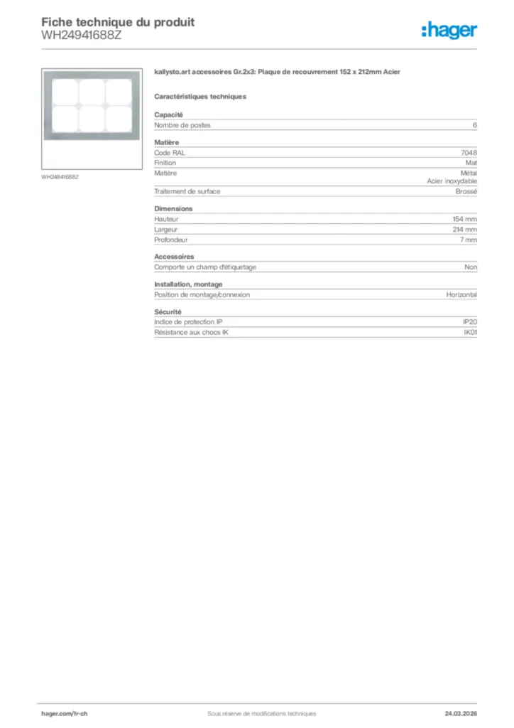 Image Hager Fiche technique du produit WH24941688Z | Hager Suisse
