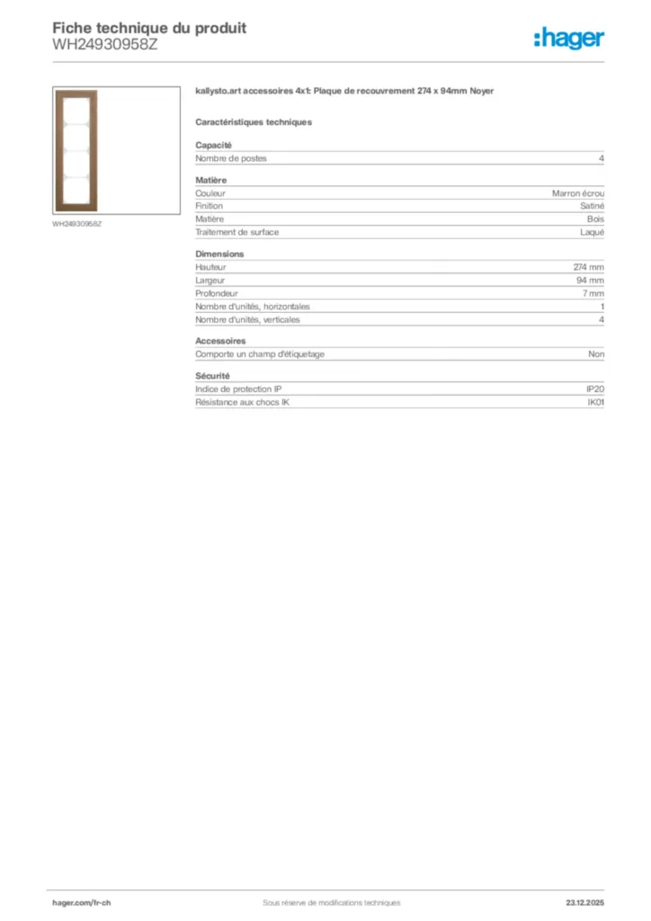 Image Hager Fiche technique du produit WH24930958Z | Hager Suisse