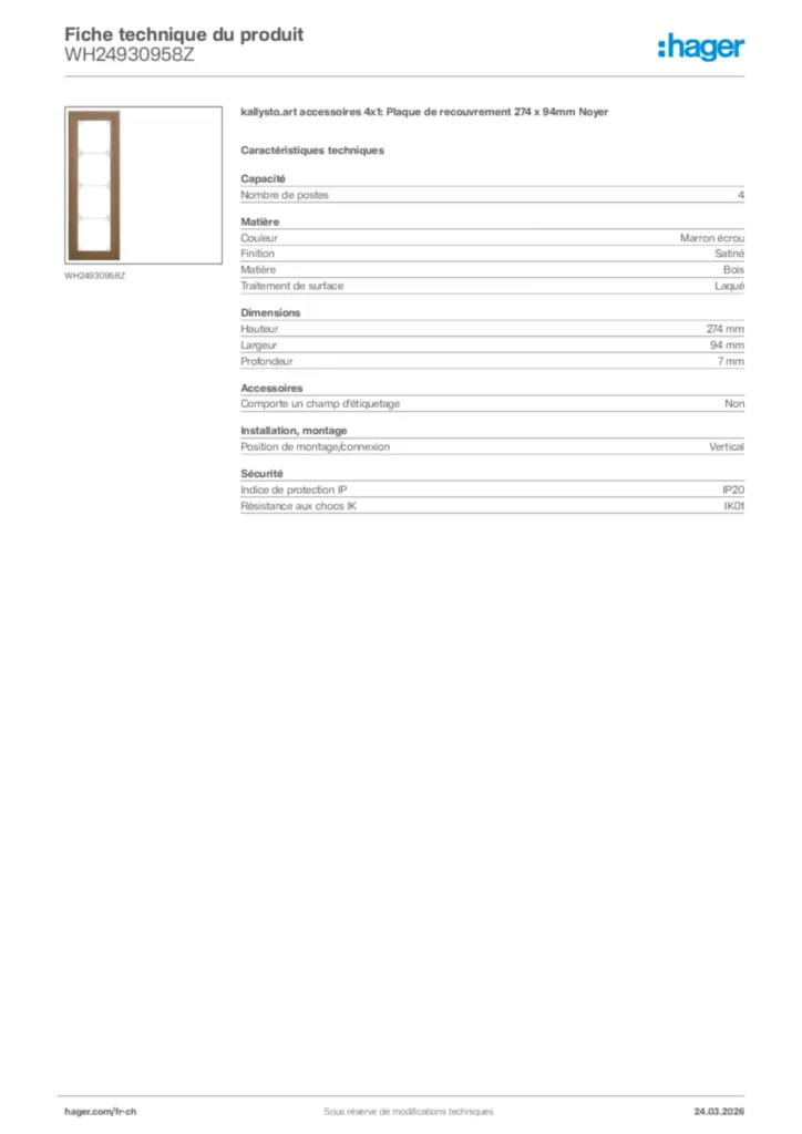 Image Hager Fiche technique du produit WH24930958Z | Hager Suisse