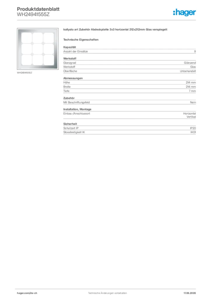 Bild Hager Produktdatenblatt WH24941555Z | Hager Schweiz