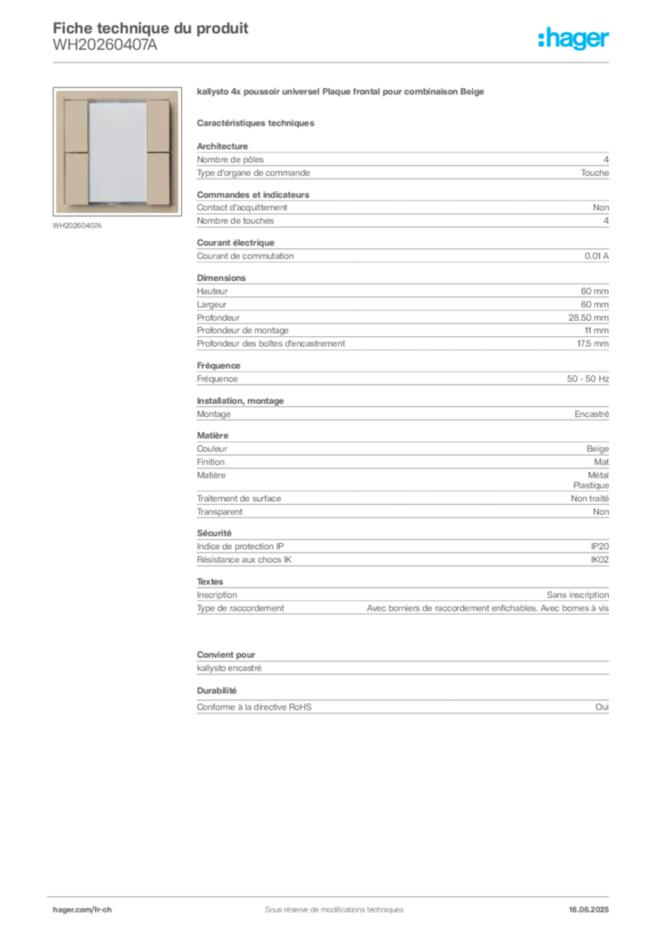 Image Hager Fiche technique du produit WH20260407A | Hager Suisse