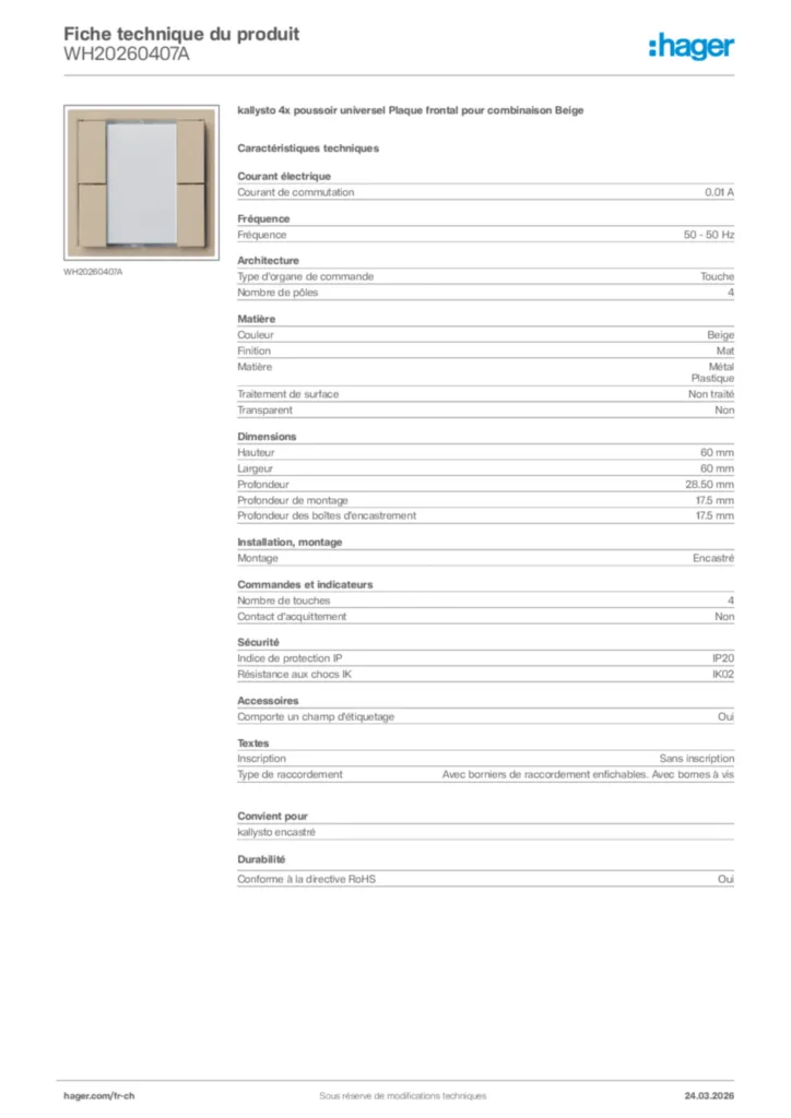 Image Hager Fiche technique du produit WH20260407A | Hager Suisse