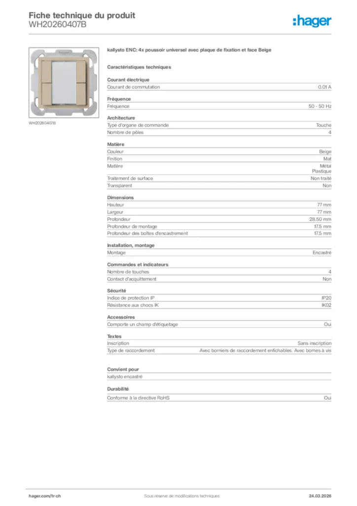 Image Hager Fiche technique du produit WH20260407B | Hager Suisse