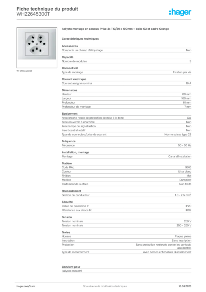Image Hager Fiche technique du produit WH22645300T | Hager Suisse