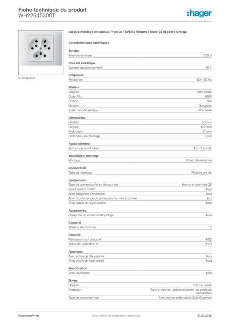 Image Hager Fiche technique du produit WH22645300T | Hager Suisse