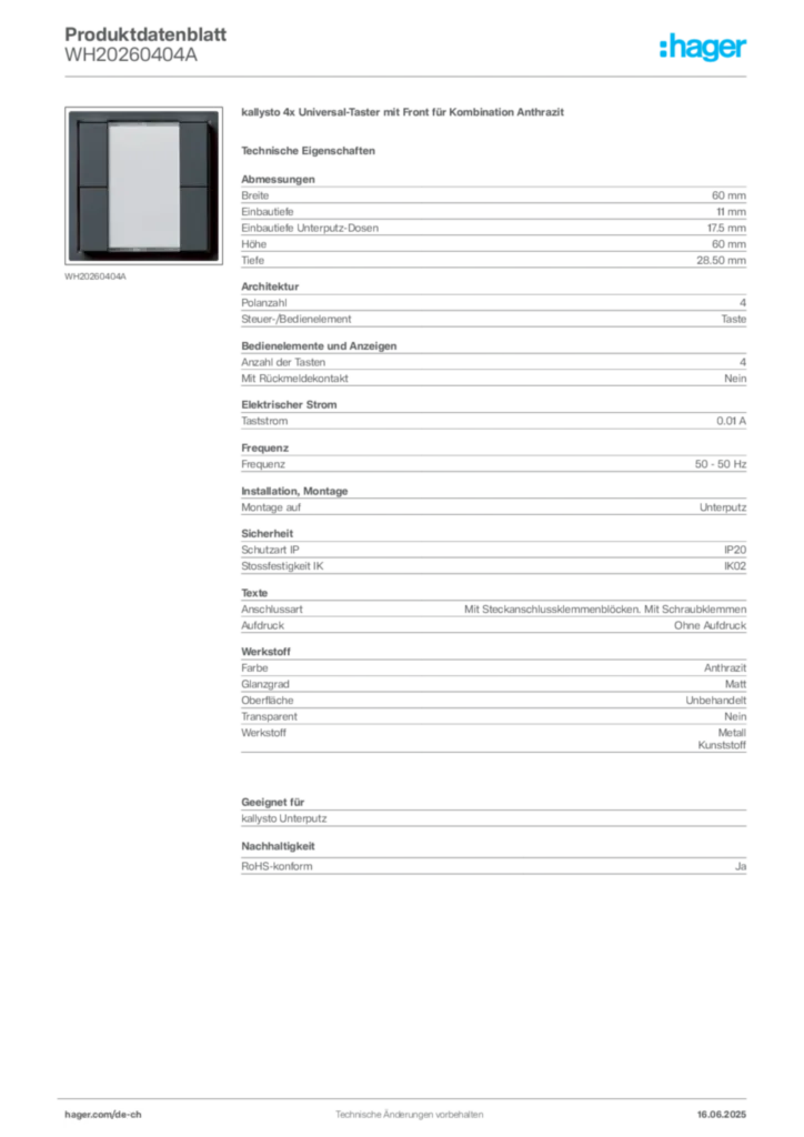Bild Hager Produktdatenblatt WH20260404A | Hager Schweiz