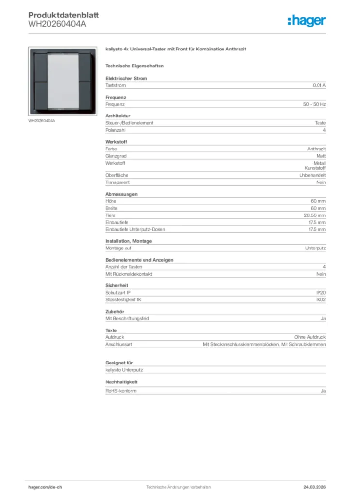 Bild Hager Produktdatenblatt WH20260404A | Hager Schweiz