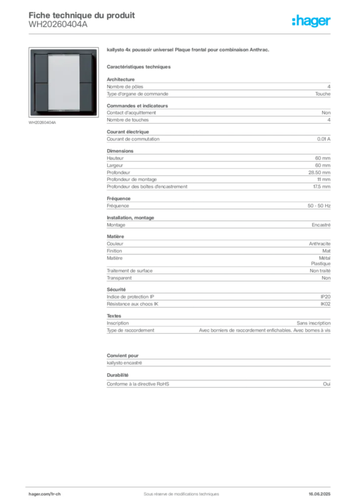 Image Hager Fiche technique du produit WH20260404A | Hager Suisse