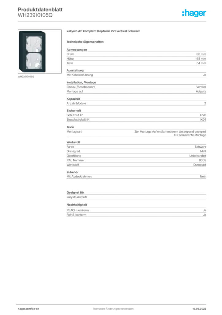 Bild Hager Produktdatenblatt WH23910105Q | Hager Schweiz
