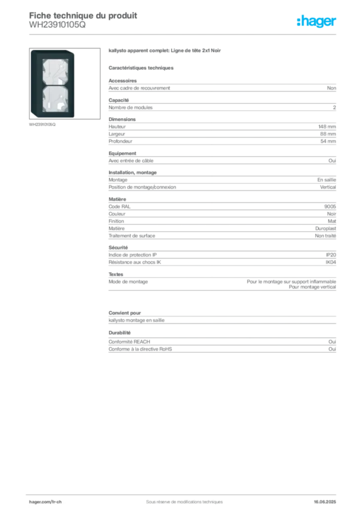 Image Hager Fiche technique du produit WH23910105Q | Hager Suisse