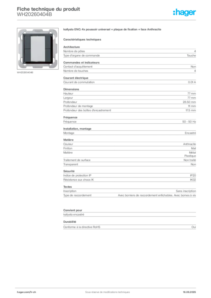 Image Hager Fiche technique du produit WH20260404B | Hager Suisse