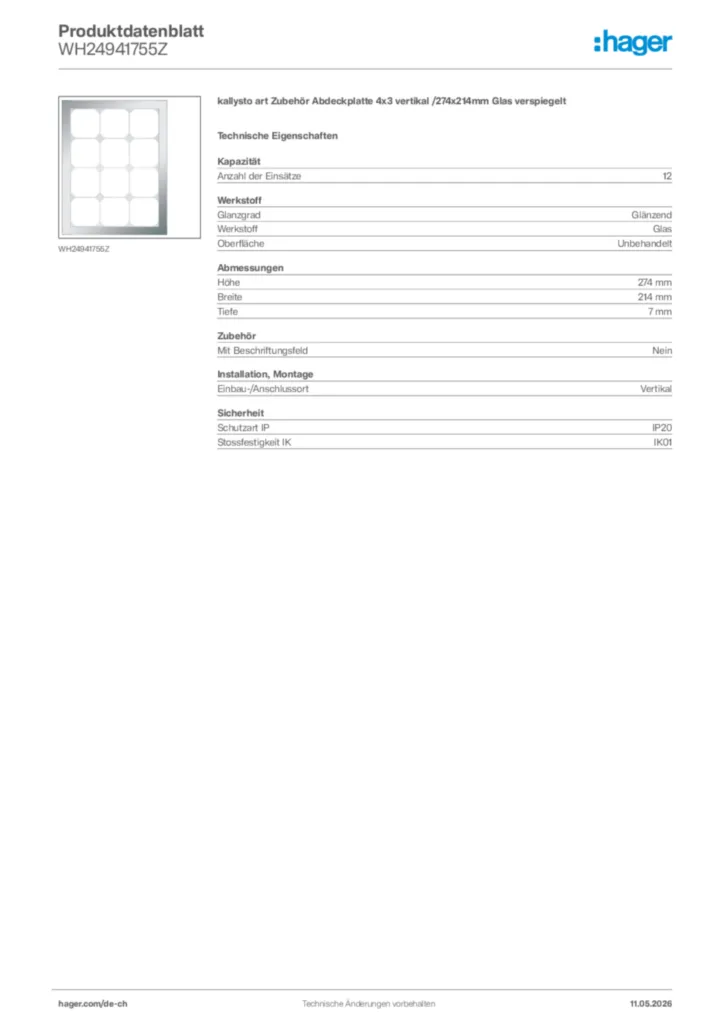 Bild Hager Produktdatenblatt WH24941755Z | Hager Schweiz