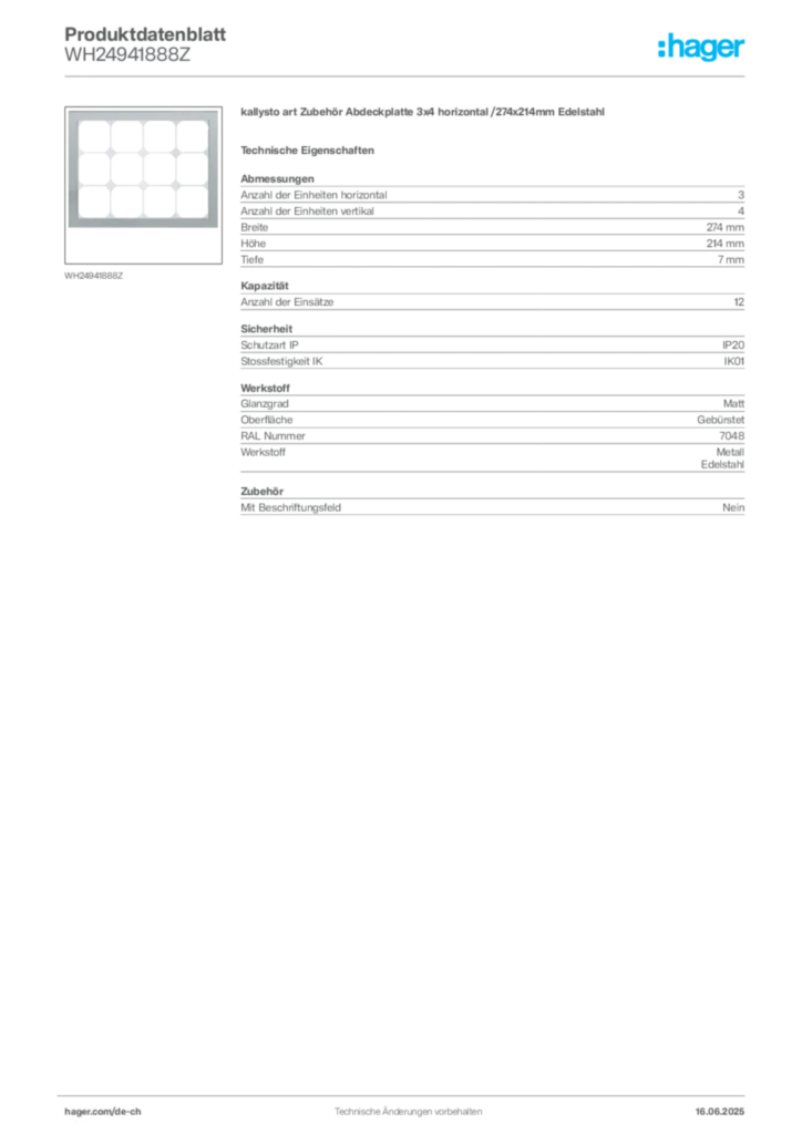 Bild Hager Produktdatenblatt WH24941888Z | Hager Schweiz