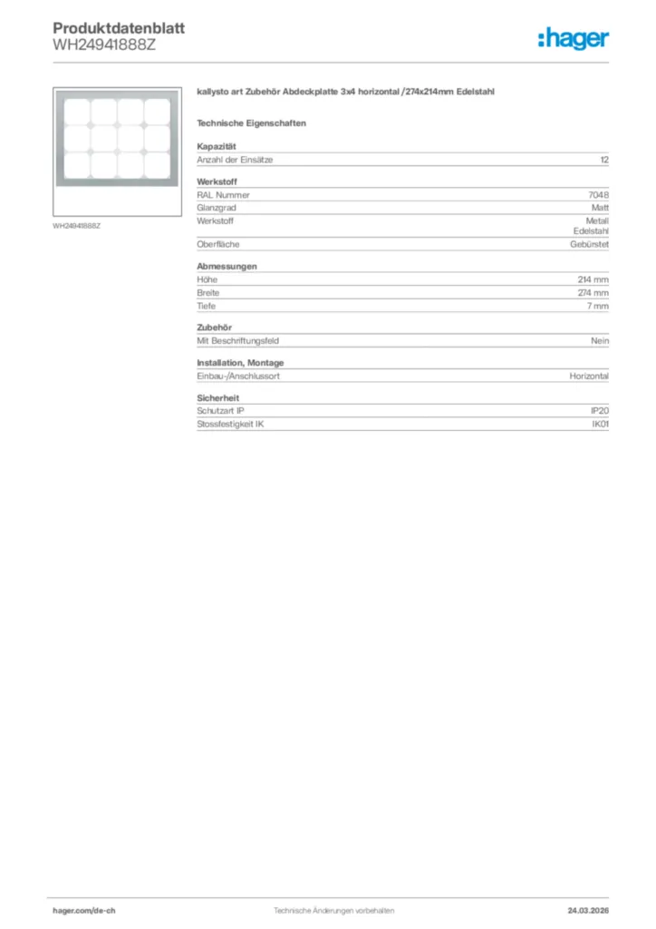 Bild Hager Produktdatenblatt WH24941888Z | Hager Schweiz