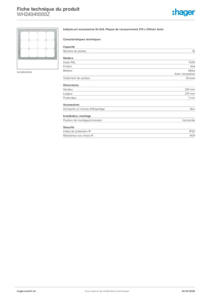 Image Hager Fiche technique du produit WH24941888Z | Hager Suisse