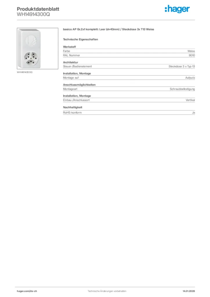 Bild Hager Produktdatenblatt WH14914300Q | Hager Schweiz