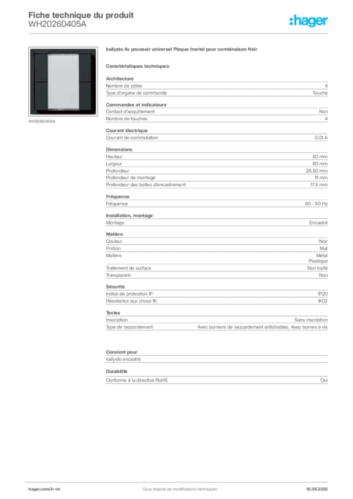 Image Hager Fiche technique du produit WH20260405A | Hager Suisse