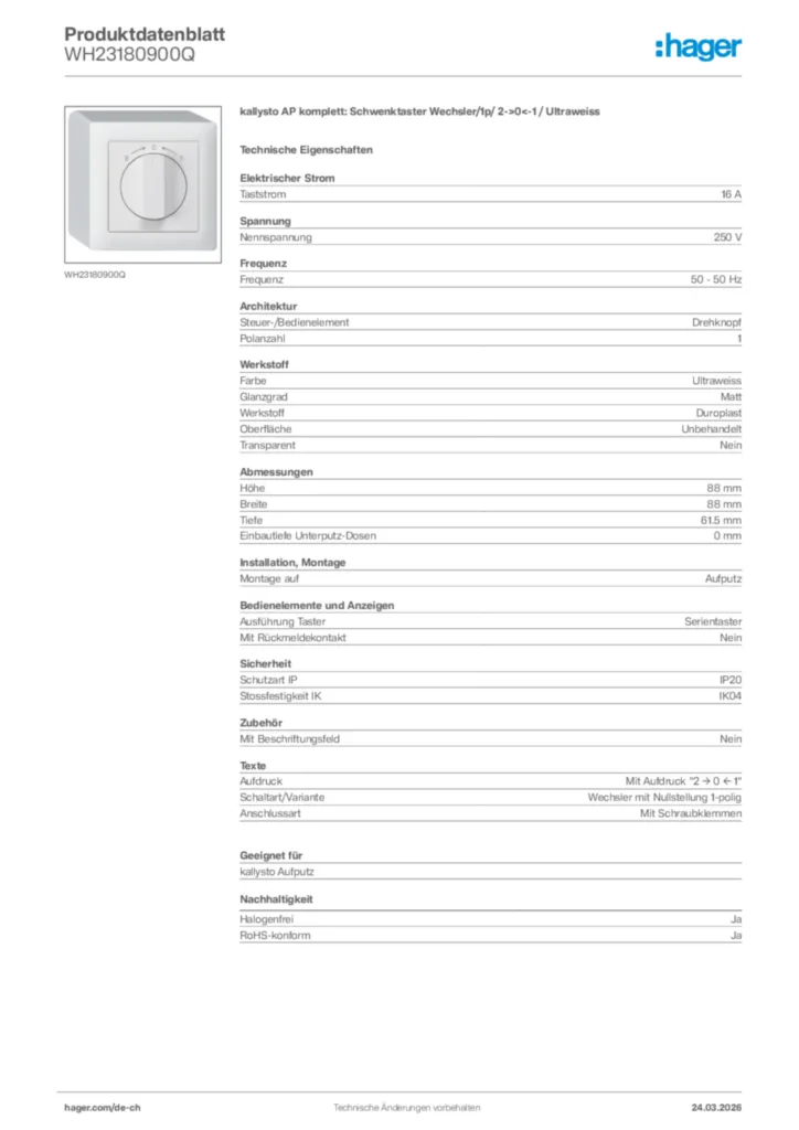 Bild Hager Produktdatenblatt WH23180900Q | Hager Schweiz
