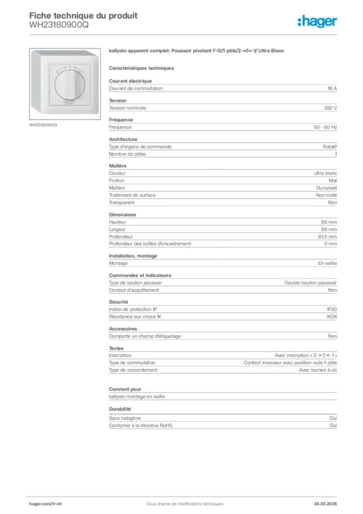 Image Hager Fiche technique du produit WH23180900Q | Hager Suisse