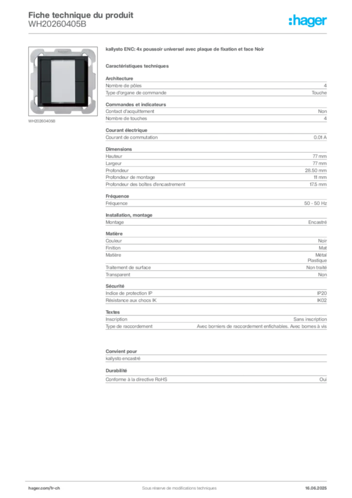 Image Hager Fiche technique du produit WH20260405B | Hager Suisse