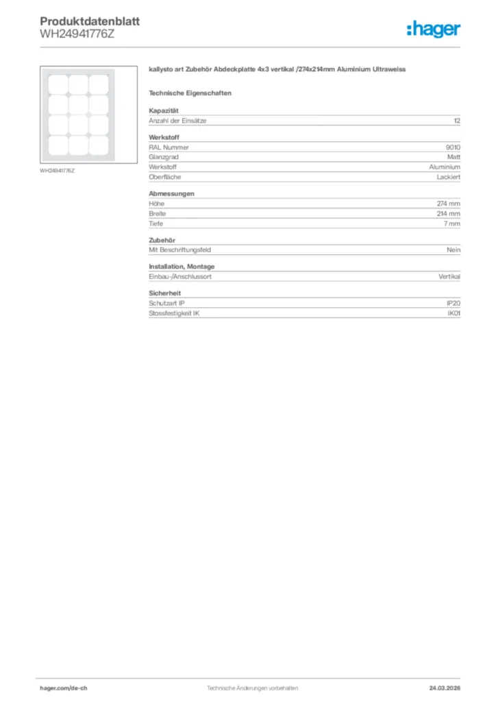 Bild Hager Produktdatenblatt WH24941776Z | Hager Schweiz