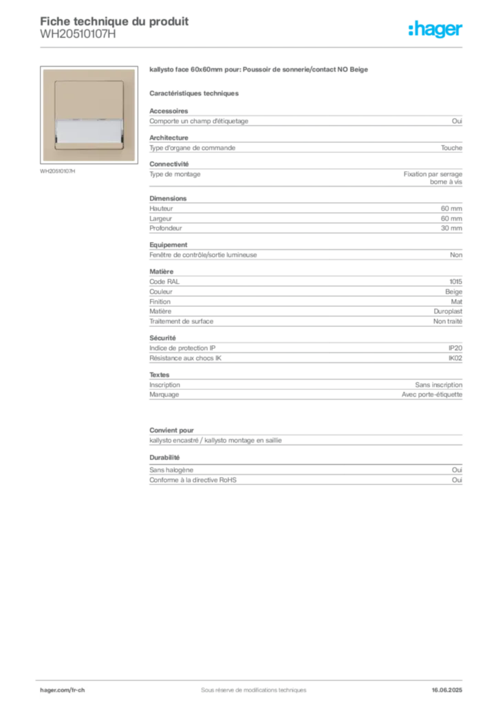 Image Hager Fiche technique du produit WH20510107H | Hager Suisse