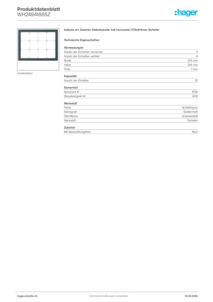 Bild Hager Produktdatenblatt WH24941885Z | Hager Schweiz