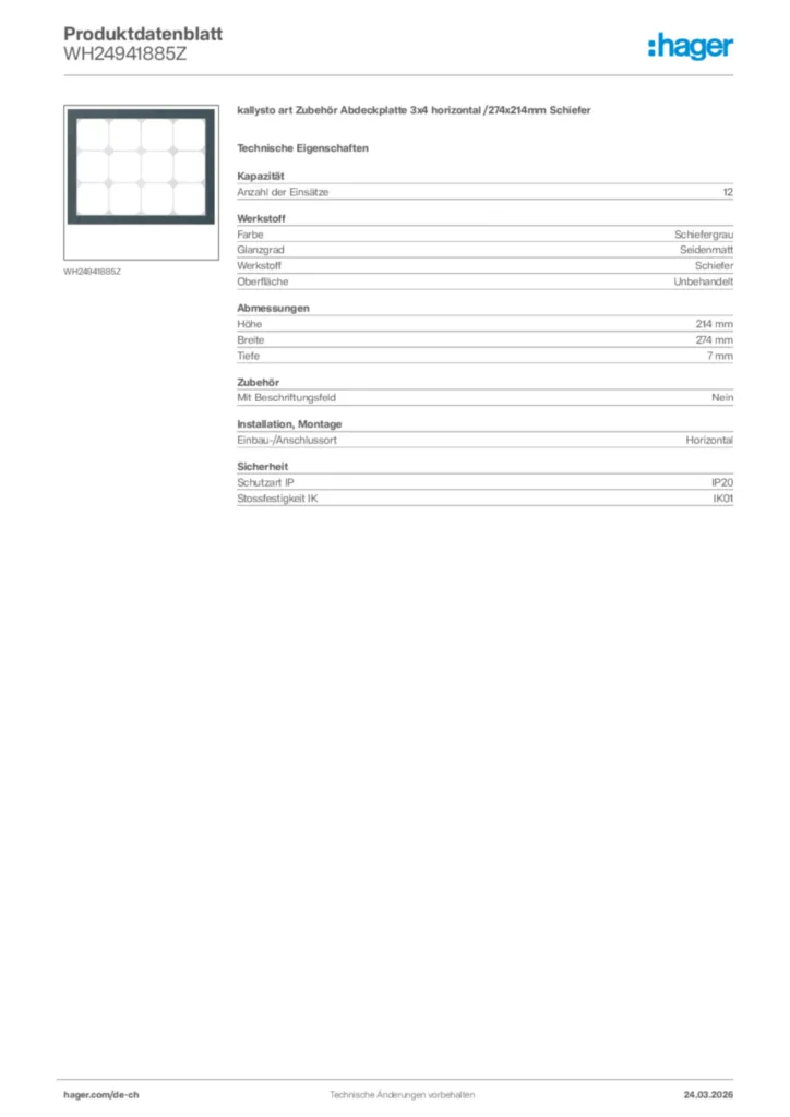 Bild Hager Produktdatenblatt WH24941885Z | Hager Schweiz