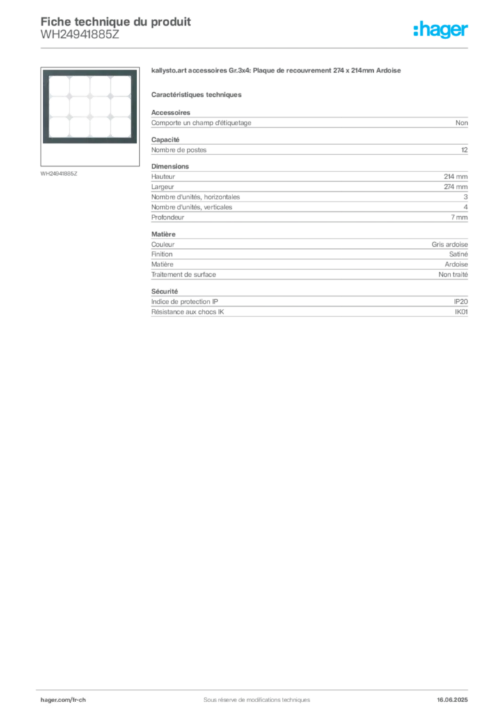 Image Hager Fiche technique du produit WH24941885Z | Hager Suisse