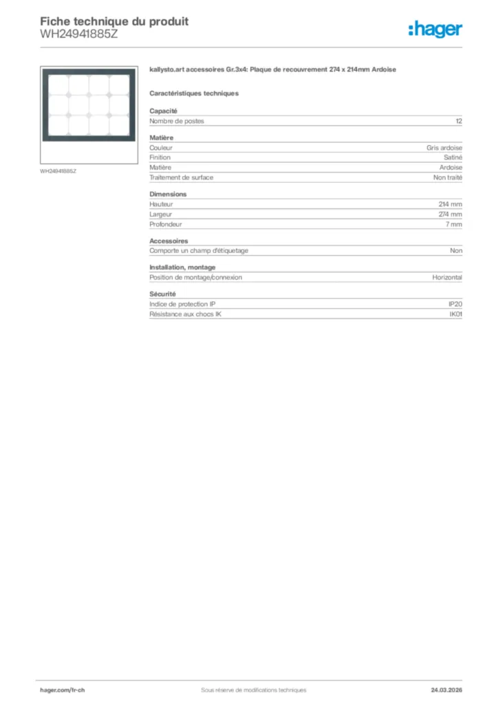 Image Hager Fiche technique du produit WH24941885Z | Hager Suisse