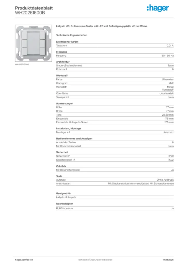 Bild Hager Produktdatenblatt WH20261600B | Hager Schweiz