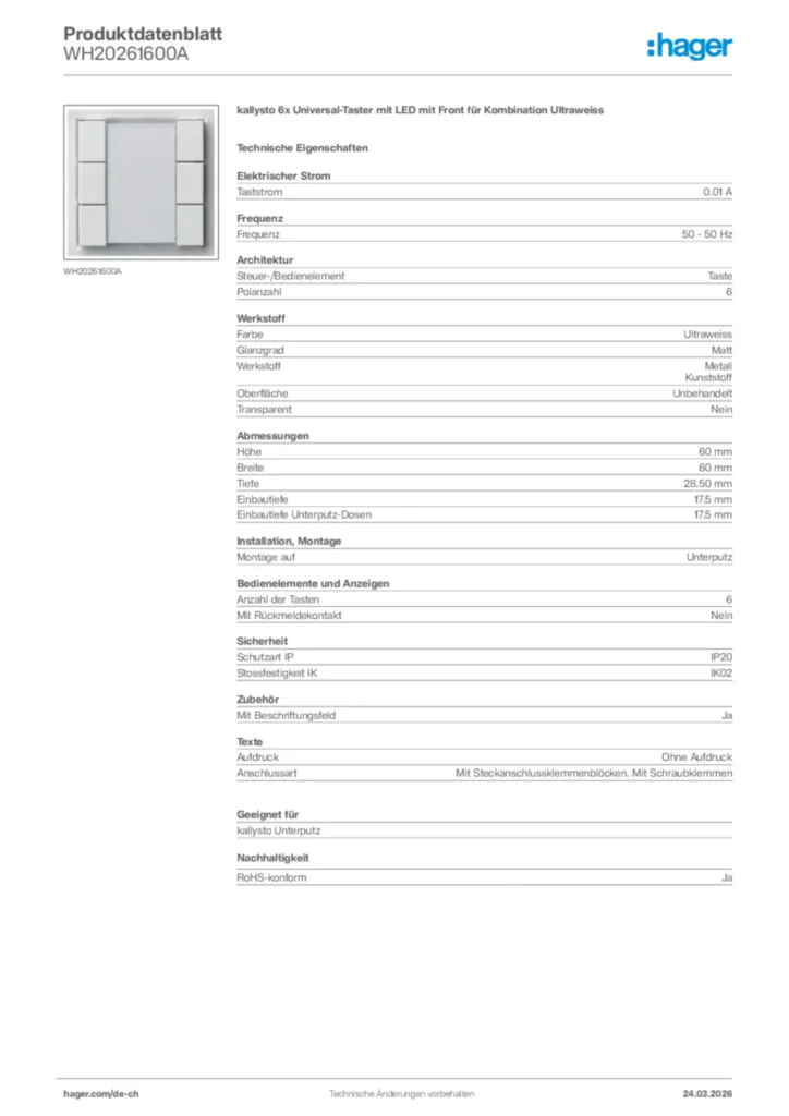 Bild Hager Produktdatenblatt WH20261600A | Hager Schweiz