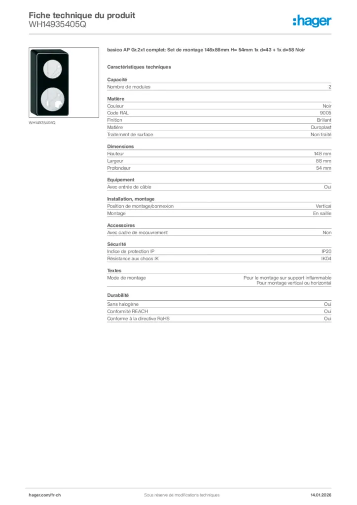 Image Hager Fiche technique du produit WH14935405Q | Hager Suisse