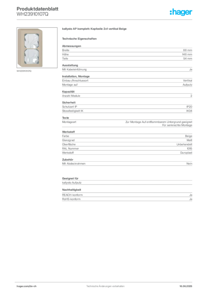 Bild Hager Produktdatenblatt WH23910107Q | Hager Schweiz