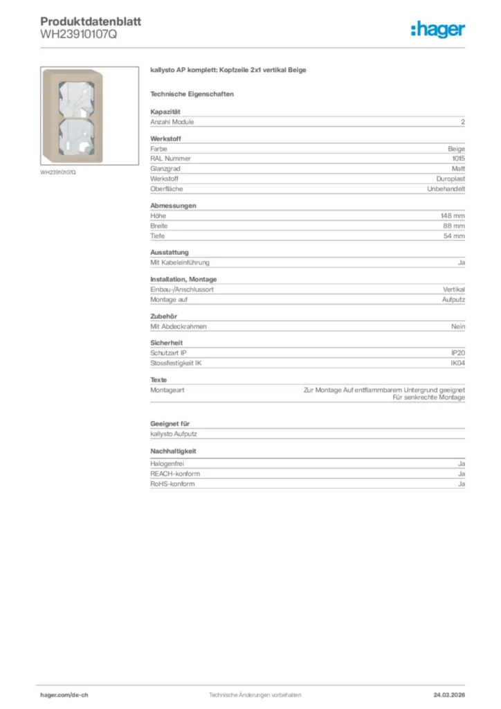 Bild Hager Produktdatenblatt WH23910107Q | Hager Schweiz