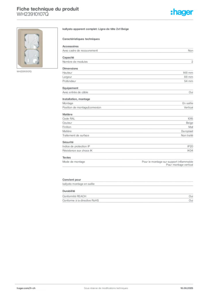 Image Hager Fiche technique du produit WH23910107Q | Hager Suisse
