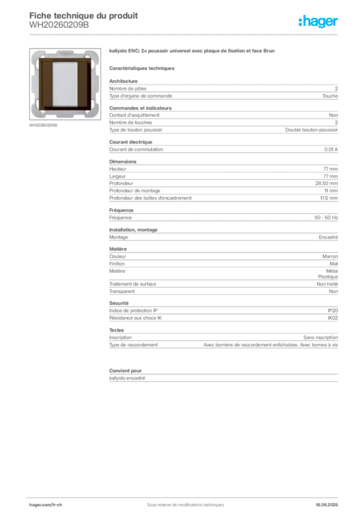 Image Hager Fiche technique du produit WH20260209B | Hager Suisse
