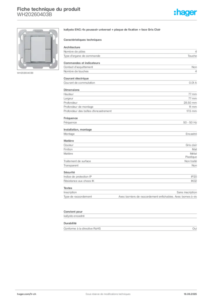 Image Hager Fiche technique du produit WH20260403B | Hager Suisse