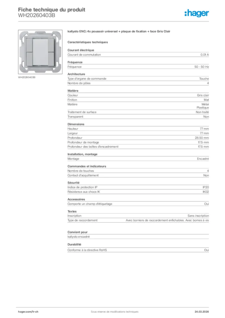Image Hager Fiche technique du produit WH20260403B | Hager Suisse