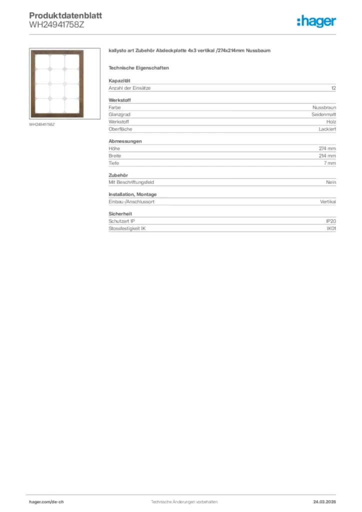 Bild Hager Produktdatenblatt WH24941758Z | Hager Schweiz