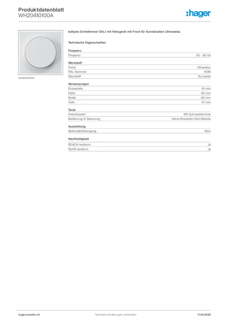 Bild Hager Produktdatenblatt WH20410100A | Hager Schweiz