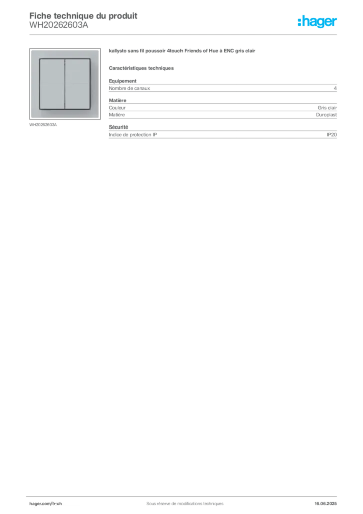 Image Hager Fiche technique du produit WH20262603A | Hager Suisse