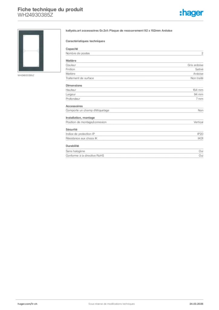 Image Hager Fiche technique du produit WH24930385Z | Hager Suisse