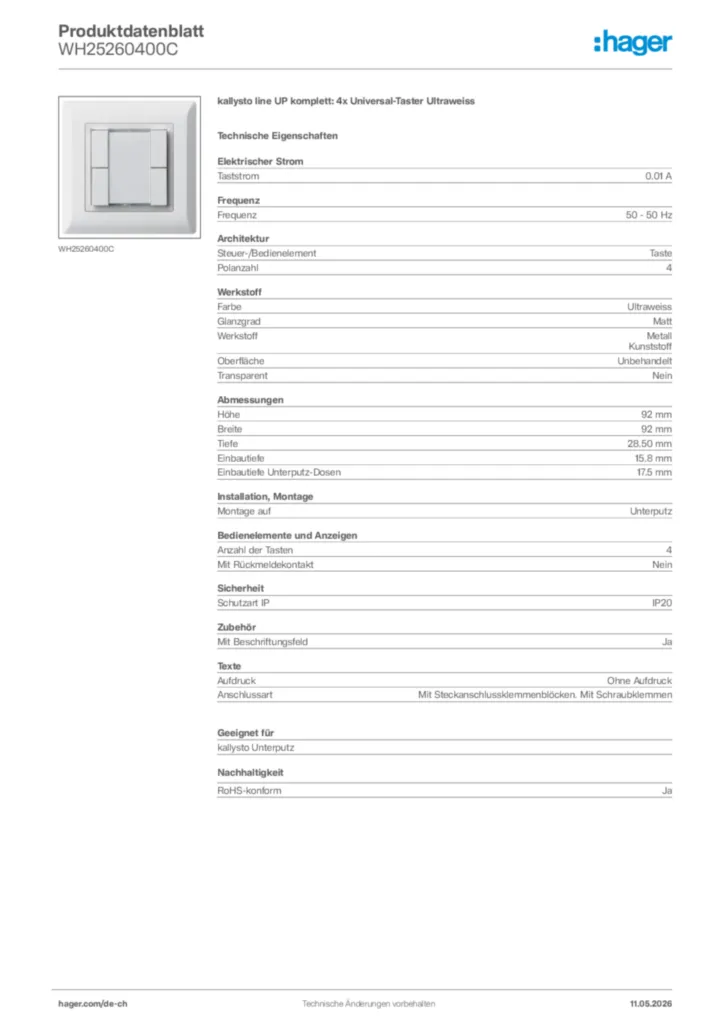 Bild Hager Produktdatenblatt WH25260400C | Hager Schweiz
