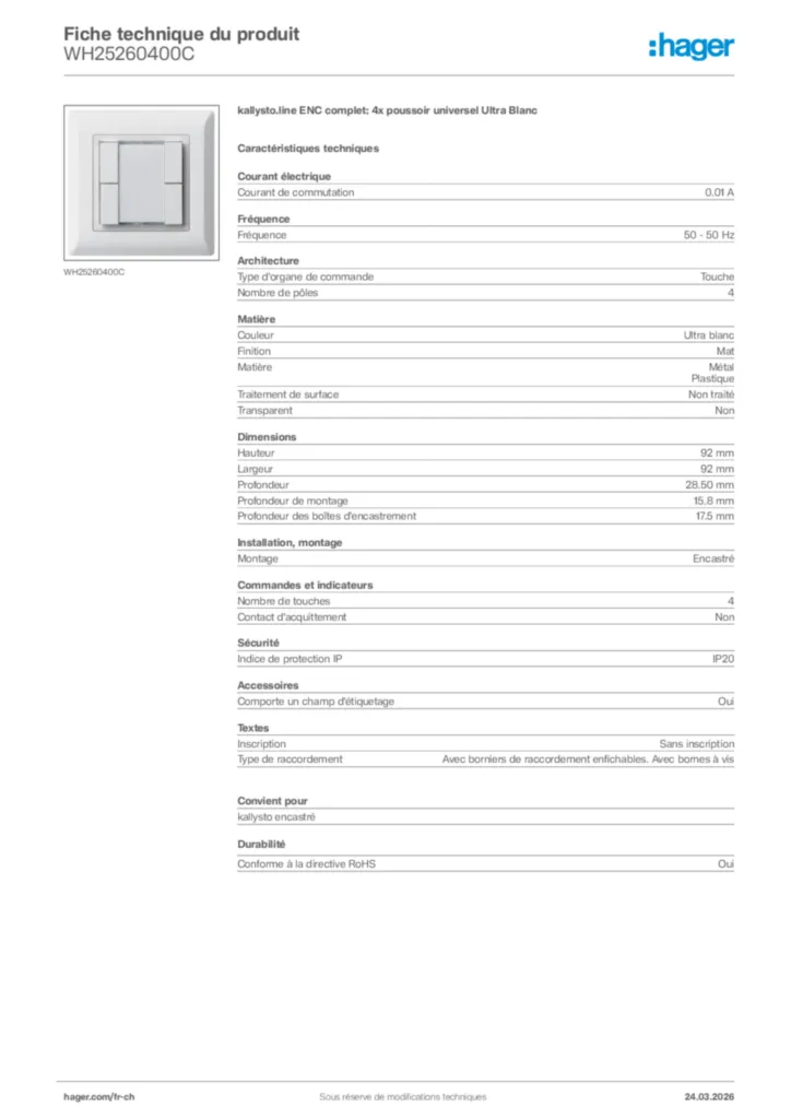 Image Hager Fiche technique du produit WH25260400C | Hager Suisse
