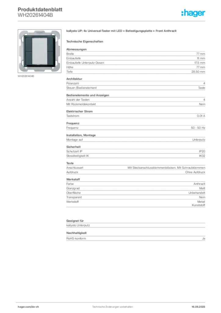 Bild Hager Produktdatenblatt WH20261404B | Hager Schweiz