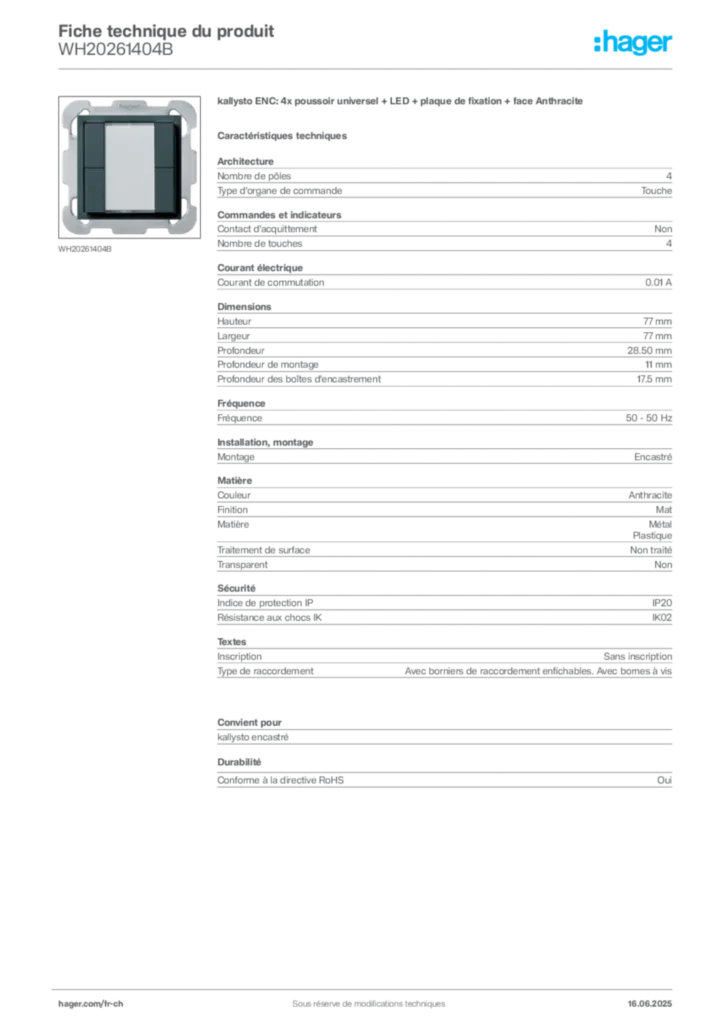 Image Hager Fiche technique du produit WH20261404B | Hager Suisse