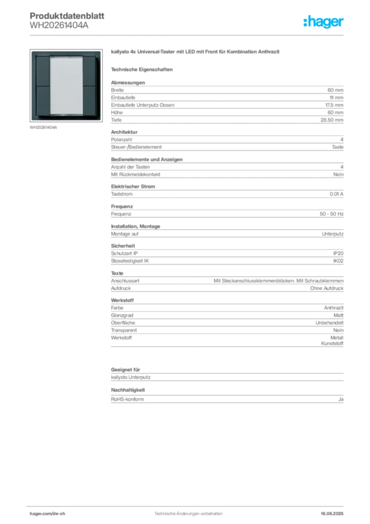 Bild Hager Produktdatenblatt WH20261404A | Hager Schweiz